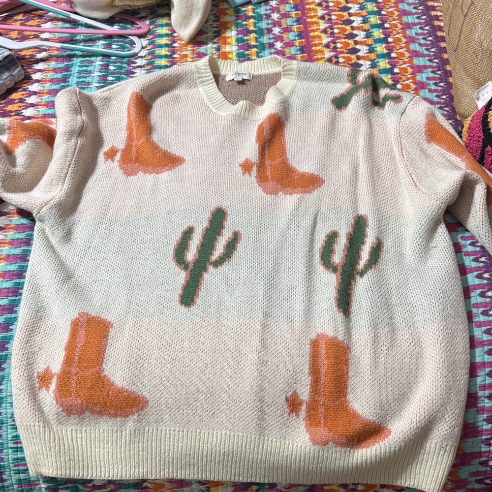 Umgee Cream and Orange Cactus Boots Sweater